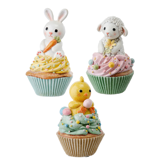 Viv! Christmas Easter Decorations - Cupcake with Chick, Lamb and Rabbit - set of 3 - pastel - 15cm