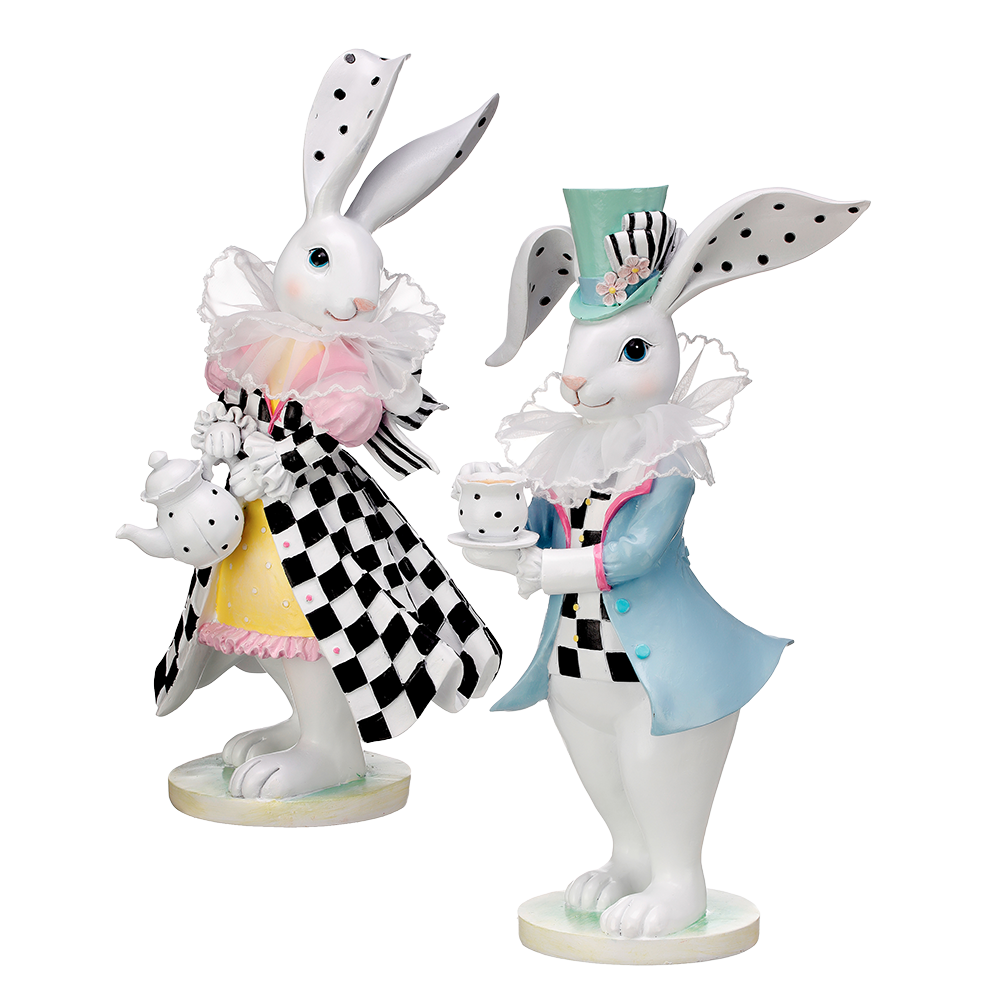 Viv! Christmas Easter Decorations - High Tea Easter bunnies with teacup and teapot - set of 2 - pastel - 31cm