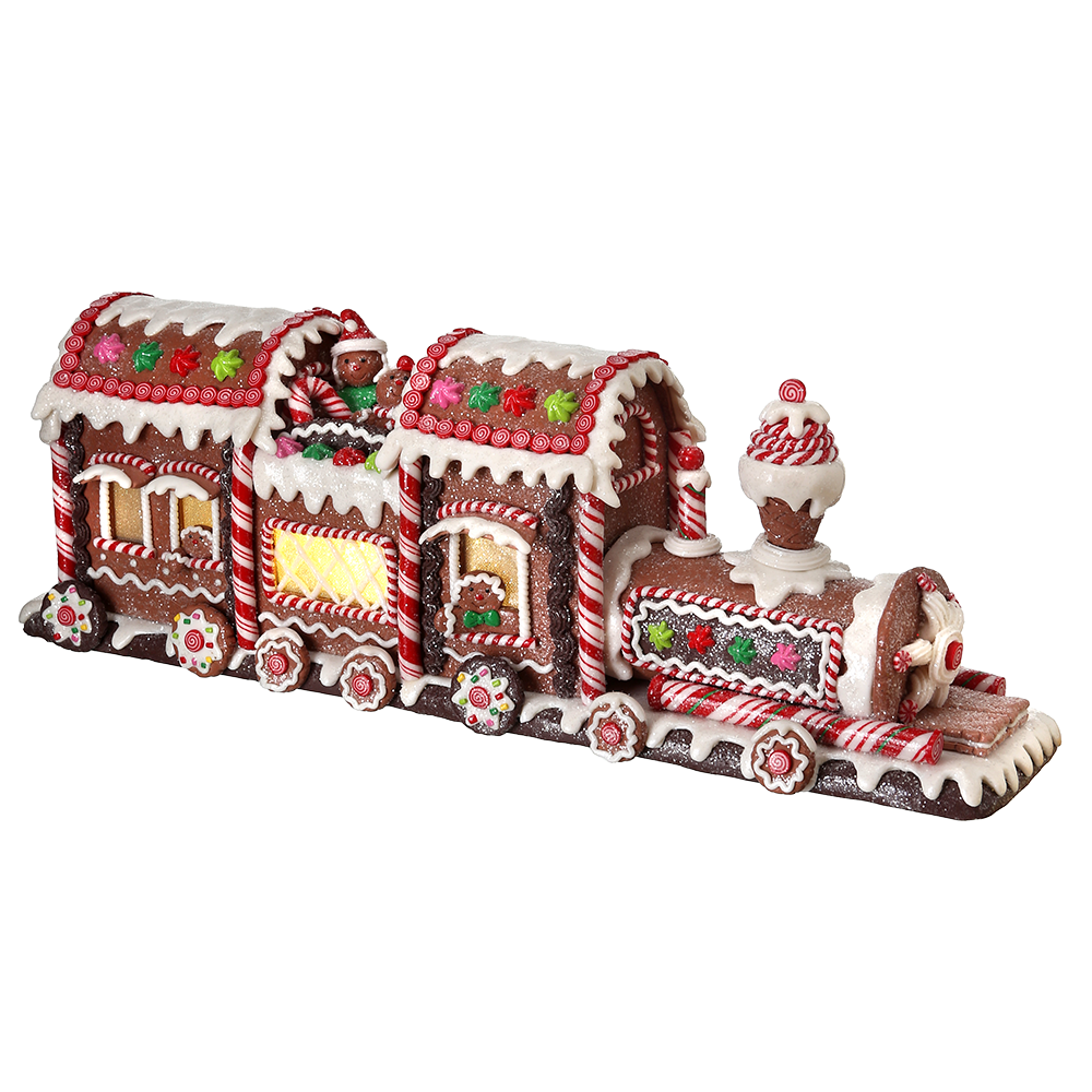 Viv! Christmas Kerstbeeld - Gingerbread Trein incl. LED Verlichting - rood wit bruin - 48cm