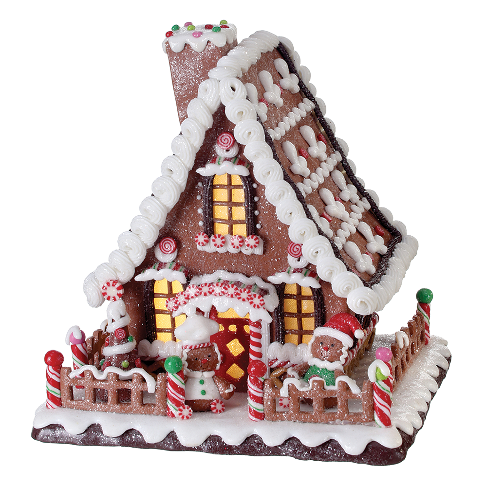Viv! Christmas Kerstbeeld - Snoep Gingerbread Huis met Hek incl. LED Verlichting - rood wit bruin - 25cm