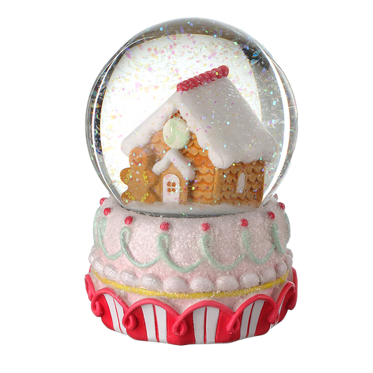 Viv! Christmas Kerstbeeld- Kerst Sneeuwbol Gingerbread Huis - pastel - roze - 15cm