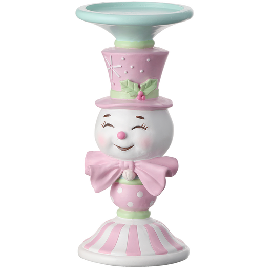 Viv! Christmas Tischdeko Weihnachten - Kerzenständer Schneemann mit Fliege - Pastell - rosa weiß - 23cm