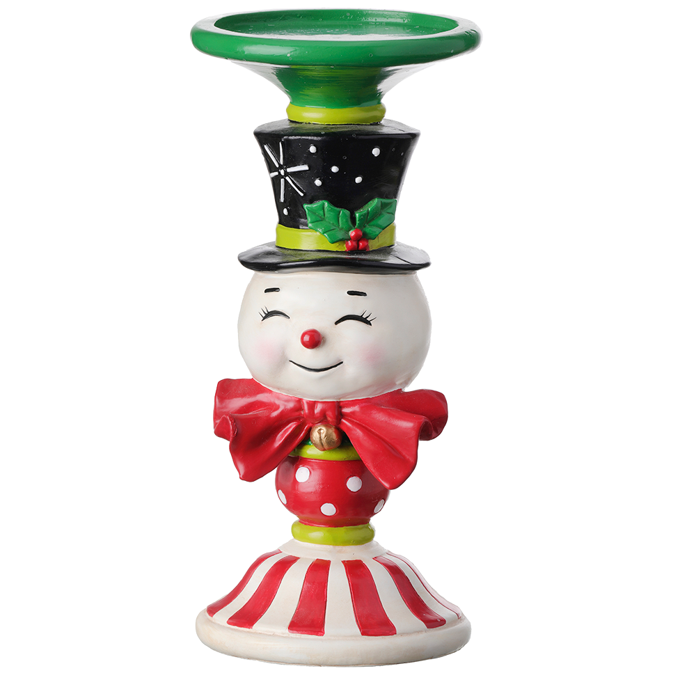 Viv! Christmas Kerst Tafeldecoratie - Kandelaar Sneeuwpop met Vlinderdas - rood groen wit - 23cm