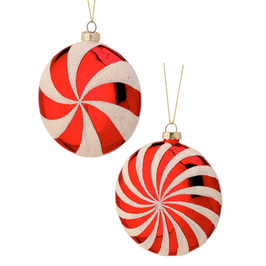 Viv! Christmas Bauble - Peppermint Swirl Candy Disk - set of 2 - glass - red white - 10cm