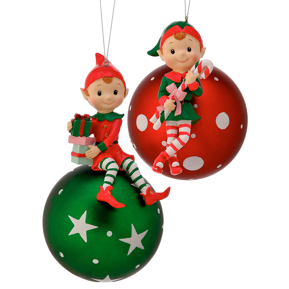 Viv! Christmas Kerstornament - Elf met Snoep op Kerstbal - set van 2 - rood groen wit - 20cm