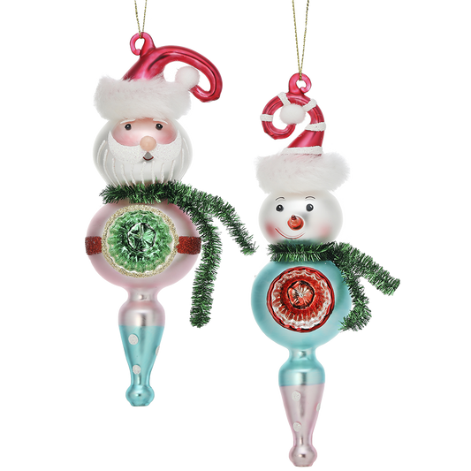 Viv! Christmas Ornament - Santa and Snowman Vintage Glass Reflector - set of 2 - glass - blue pink - 17cm