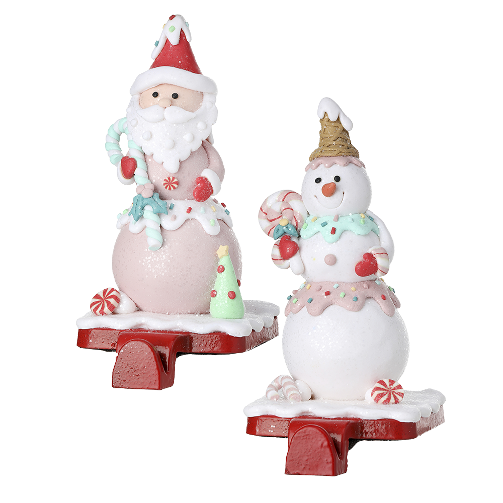 Viv! Christmas Kerstbeeld - Kerstman en Sneeuwpop Snoep Kerstsok Houder - set van 2 - pastel - roze - 18cm