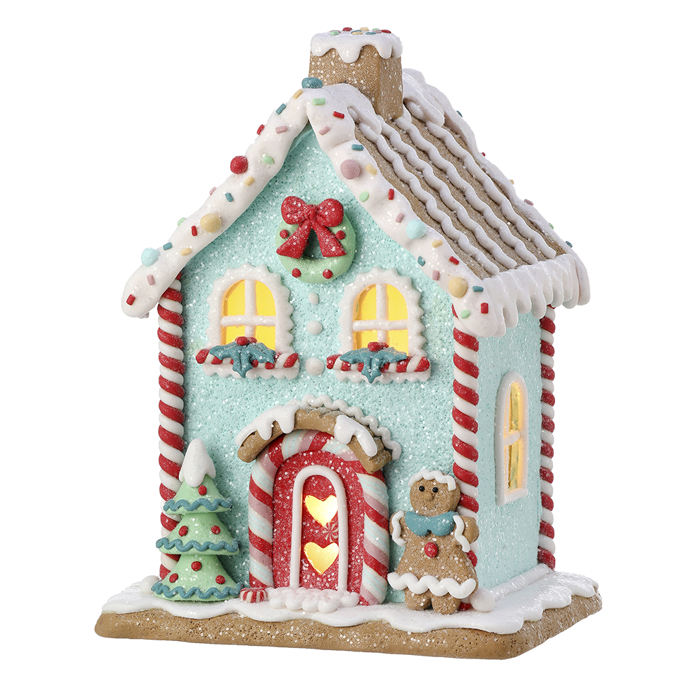 Viv! Christmas Kerstbeeld - Gingerbread Huis incl. LED Verlichting - pastel - blauw - 22cm