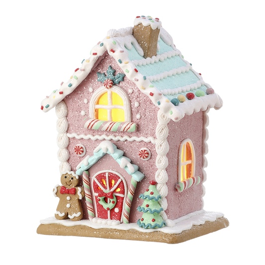 Viv! Christmas Weihnachtsfigur - Lebkuchenhaus inkl. LED Beleuchtung - Pastell - rosa - 22cm