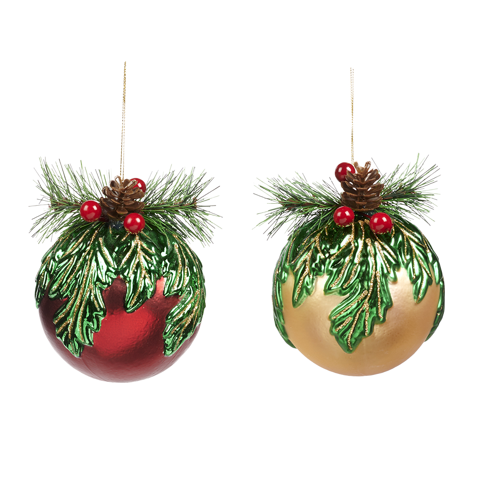 Viv! Christmas Kerstbal - Dennenappel en Dennentak - set van 2 - glas - rood groen - 10cm