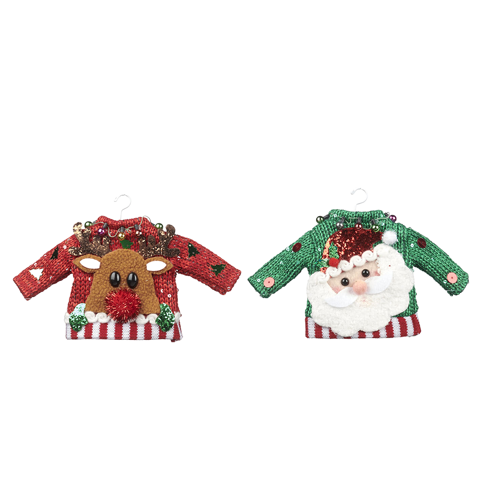 Viv! Christmas Kerstornament - Gebreide Kersttruien - Kerstman en Rendier - set van 2 - rood groen - 12cm
