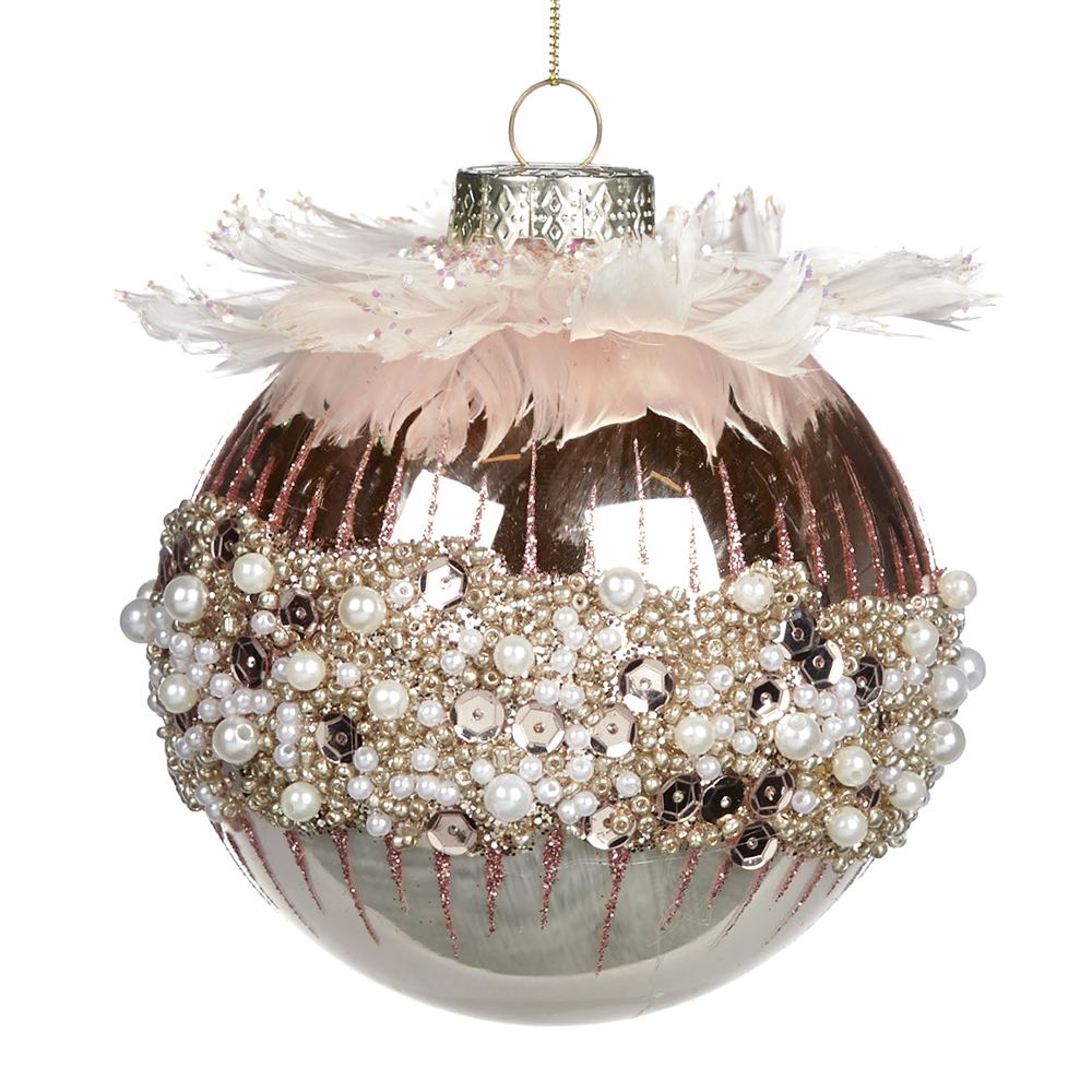Viv! Christmas Kerstbal - Parels en Veren - glas - roze - 10cm