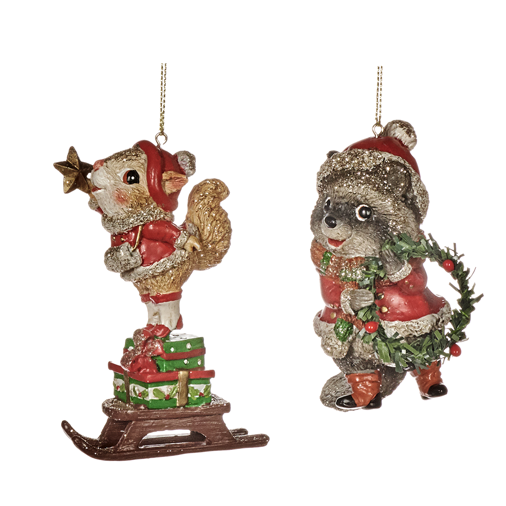 Viv! Christmas Kerstornament - Eekhoorn en Wasbeer - set van 2 - bruin rood - 9cm
