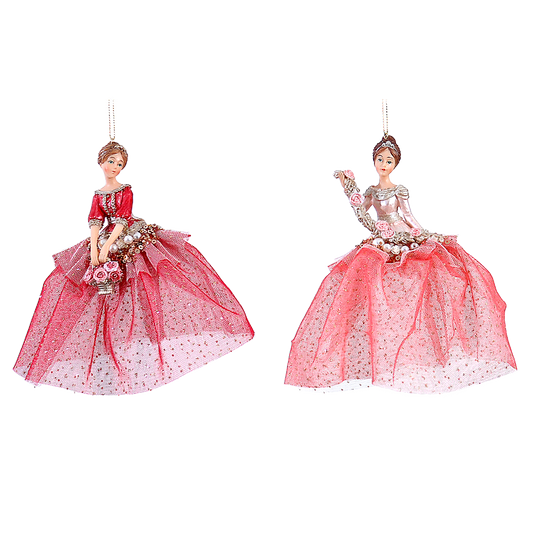 Viv! Christmas Kerstornament - Ballerina's met Bloemen - set van 2 - roze - 16cm