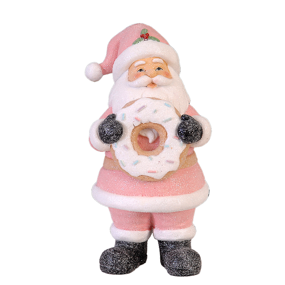 Viv! Christmas Kerstbeeld - Roze Kerstman met Donut - pastel - roze wit - 21cm