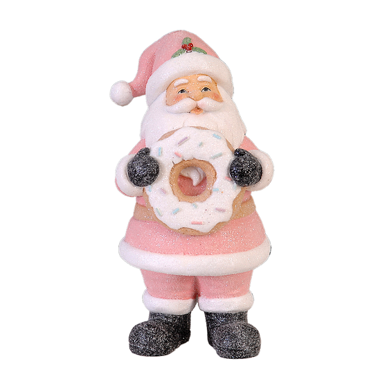 Viv! Christmas Weihnachtsfigur - Rosa Weihnachtsmann mit Donut - Pastell - rosa weiß - 21cm