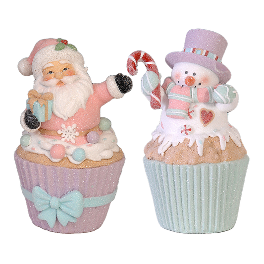 Viv! Christmas Kerstbeeld - Kerstman en Sneeuwpop in Cupcake - set van 2 - pastel - roze - 15 en 19cm