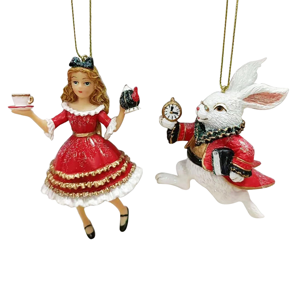 Viv! Christmas Kerstornament - Alice in Wonderland en Konijn - set van 2 - rood - 10cm