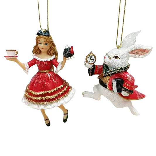 Viv! Christmas Kerstornament - Alice in Wonderland en Konijn - set van 2 - rood - 10cm