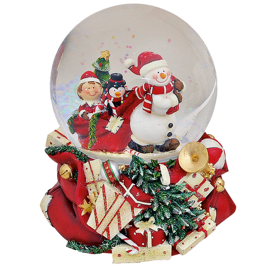 Viv! Christmas Snow Globe incl. Music Box - Snowman Bag full of Dolls - red white green - 15 cm