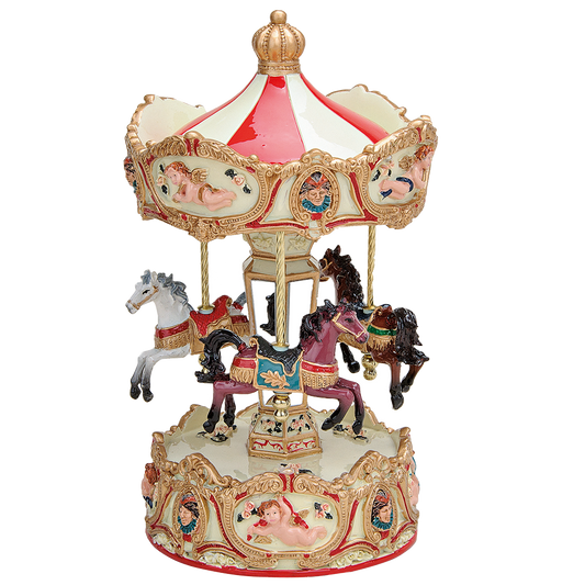 Viv! Christmas Kerst Muziekdoos - Draaimolen met Paarden - roze rood wit - 25 cm