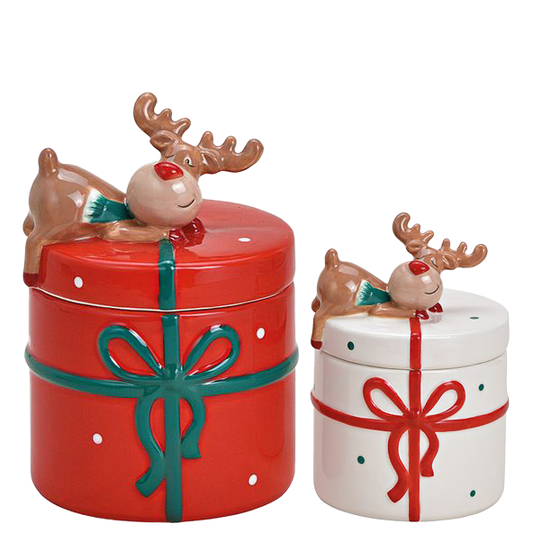 Viv! Christmas Kerstservies - Grote en Kleine Koektrommel met Slapend Rendier - set van 2 - keramiek - rood wit groen - 20 en 14cm