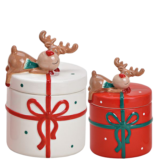 Viv! Christmas Kerstservies - Grote en Kleine Koektrommel met Slapend Rendier - set van 2 - keramiek - wit rood groen - 20 en 14cm