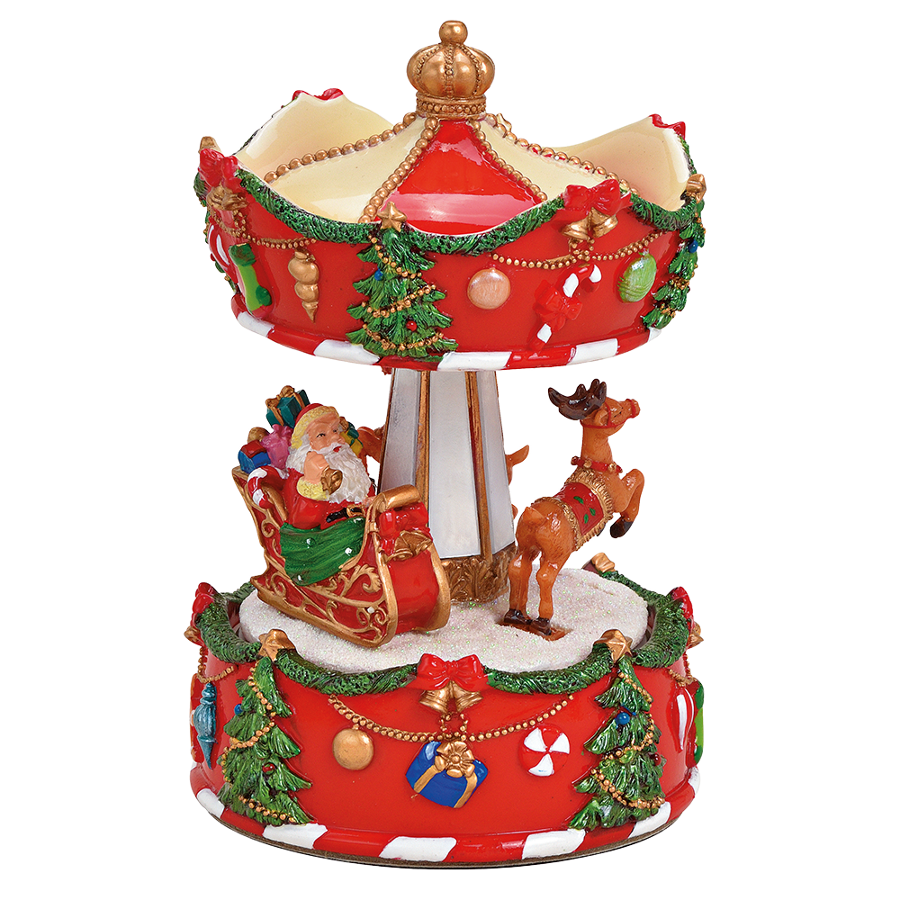 Viv! Christmas Music Box - Carousel with Santa Claus in Sleigh and Reindeer - red white green - 17 cm