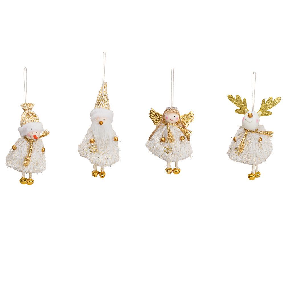 Viv! Christmas Kerstornament - Kerstman, Sneeuwpop, Rendier, Engel - set van 4 - stof - wit goud - 12cm