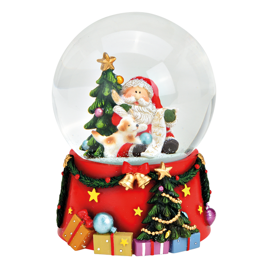 Viv! Christmas Snow Globe incl. Music Box - Santa Claus with his Playing Dog - red white green - 14 cm