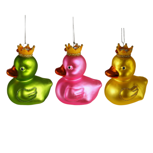 Viv! Christmas Ornament - Rubber Duck with Crown - set of 3 - glass - bright colors - 9cm