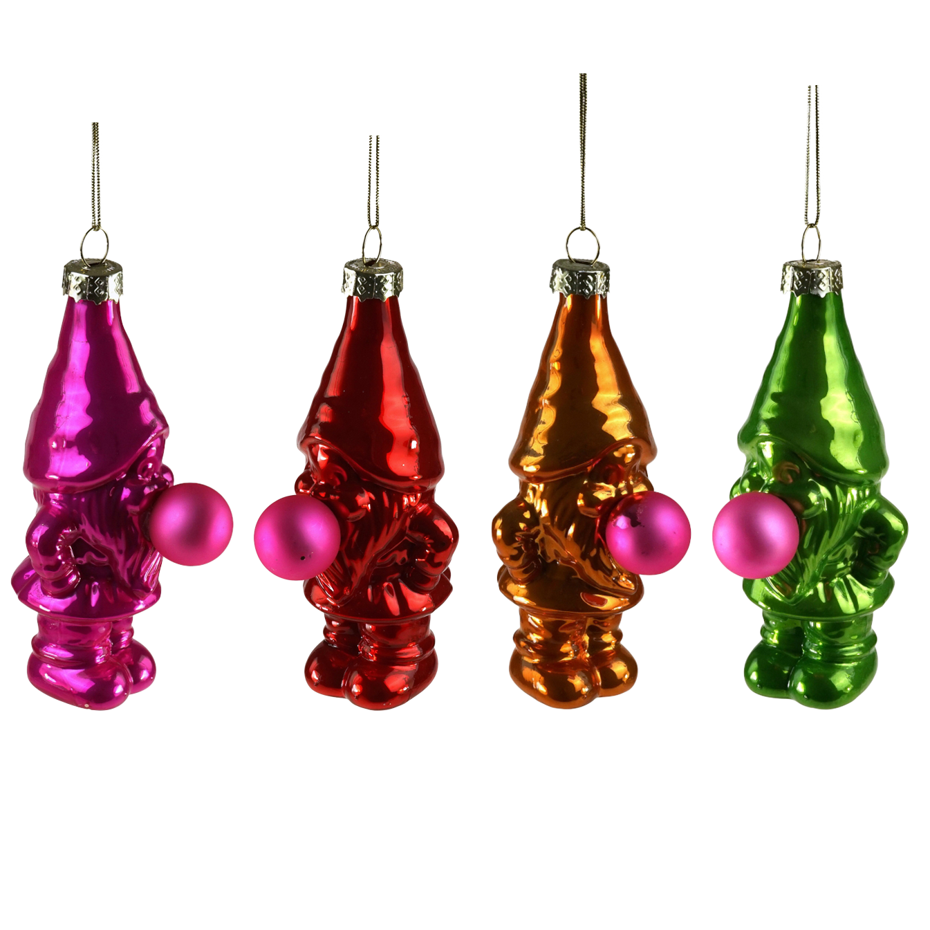 Viv! Christmas Kerstornament - Bellenblazende Gnoom - set van 4 - glas - felle kleuren - 10cm