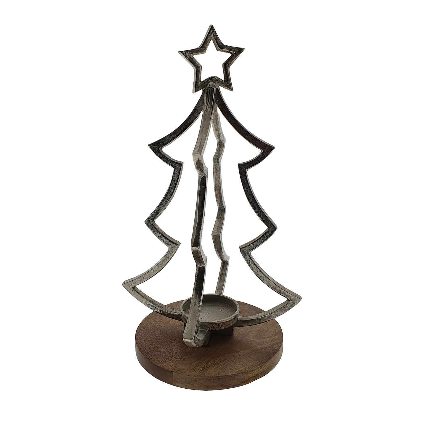 Viv! Christmas Kerst Tafeldecoratie - Kandelaar Kerstboom - metaal hout - bruin zilver - 48cm