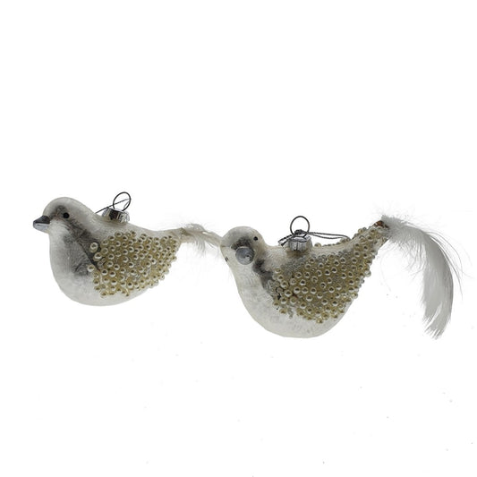 Viv! Home Luxuries Kerstballen - Vogeltjes met parels en veer - set van 2 - glas - parelmoer - 10cm - Viv! Home Luxuries