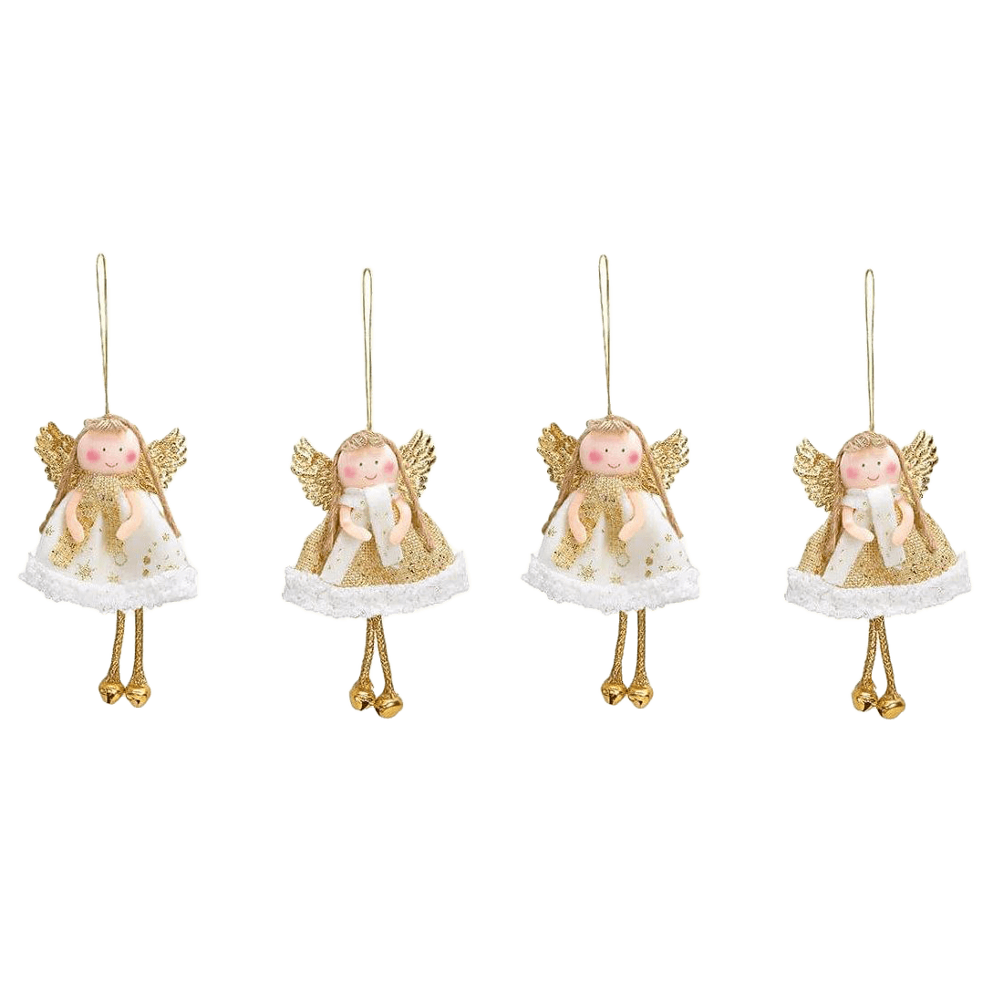 Viv! Home Luxuries Kerstornament - Engeltjes van stof met jurk - set van 4 - wit goud - 13cm - Viv! Home Luxuries
