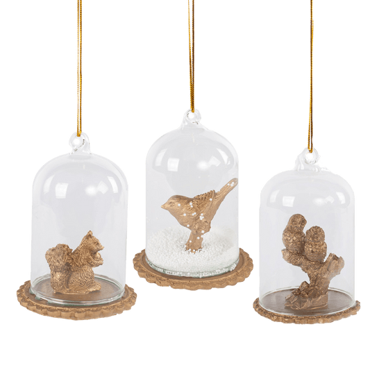 Viv! Home Luxuries Kerstornament - vogel, eekhoorn en uilen in glazen stolp - set van 3 - goud - 6,5x10cm - Viv! Home Luxuries