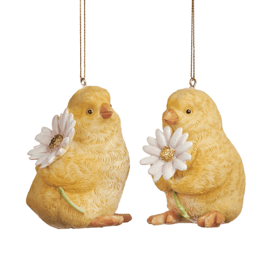 Viv! Home Luxuries Paasdecoratie hanger - kuikens met bloem - geel wit - set van 2 - 8cm - Viv! Home Luxuries